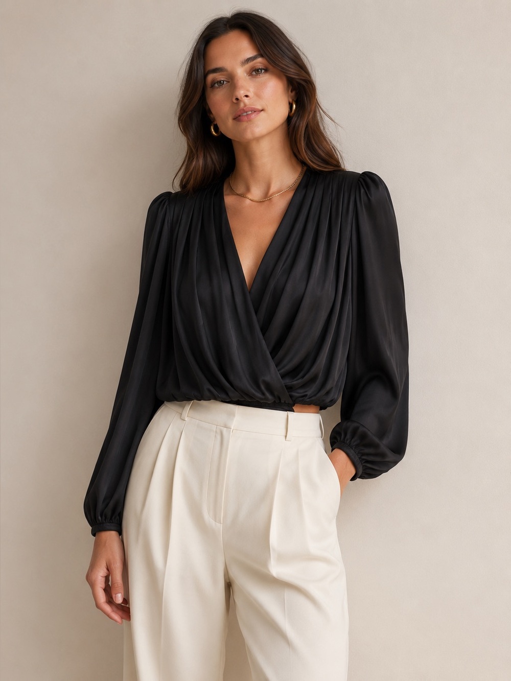Zadig & Voltaire Défilé Black Draped Satin Long Sleeve Blouse Top XS
